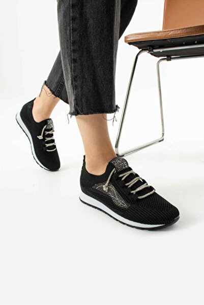 TubiBella Örgü Desenli Taş Bağcıklı Detaylı Siyah Renkli Kadın Sneaker Ayakkabı