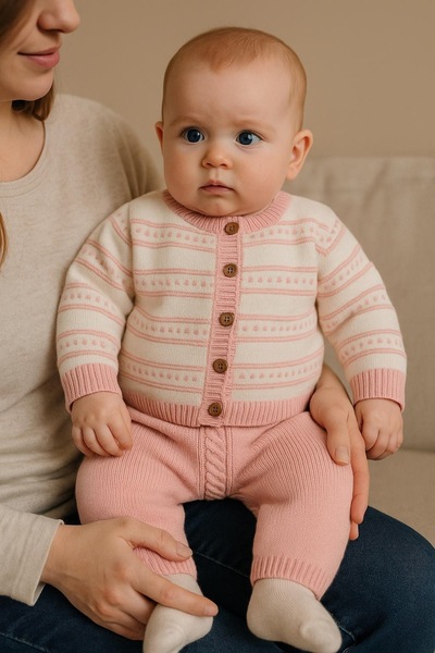 Montisu 100% Cotton Baby Girl Pink Knitwear Knitted 2-Piece Set-Extra Soft and Comfortable