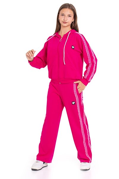 Pi Pengai Girl's Tracksuit Set with Embroidery Stripe Hooded Zippers 2 Threads 12215.1