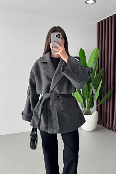 solena sln Women's New Season Premium Quality Trend Belted Short Cashmere Coat