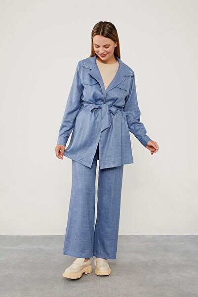 Levidor Baby Blue Jacket Set with Stone Embroidered Collar