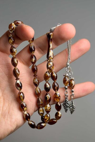 TESBİHKENTİ Double Tassel Marbled Brown Powder Amber Prayer Beads
