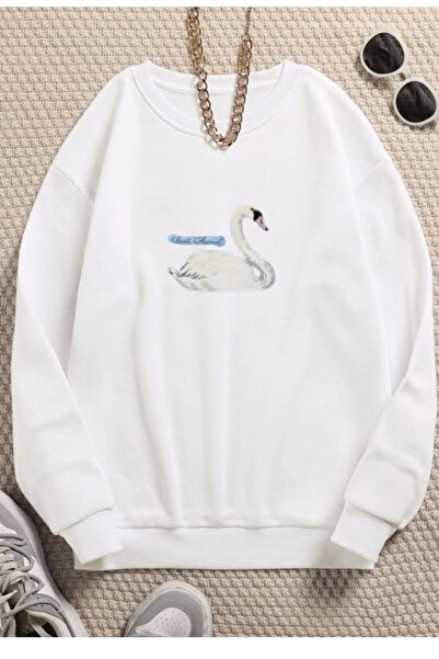 PALPİTO Women's White Swan Printed Crew Neck Oversized Sweatshirt