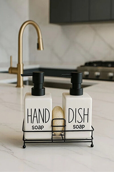 AKÇE 2'li Siyah Metal Stantlı ve Süngerlikli Beyaz Sıvı Sabunluk Trend Sıvı S...