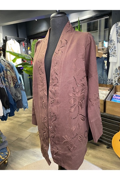 Dadali Women's Embroidery Detailed Stone Embroidered Long Sleeve Cotton Kimono Jacket