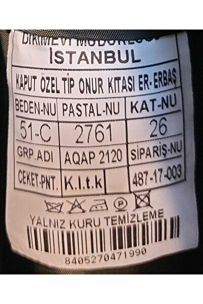 kho military design Kaput Haki Özel Onur Kıt'ası (51-C/M-L Beden) Sıfır Ürün