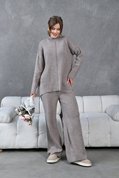 Park Karon Women Mock Neck Slit Sweater Pants Knitwear Top-Bottom Set