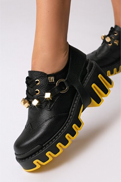 Vanilla Days Pantofi Dorian din piele negri și aurii cu accent detașabil și t...