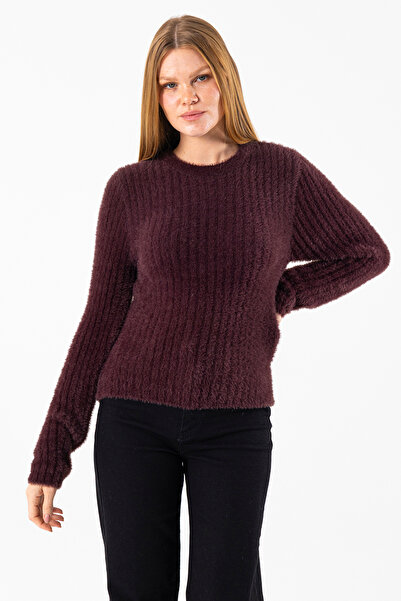 GİYSA Women's Crew Neck Corded Fabric Detailed Knitwear Sweater Brown - 25-567