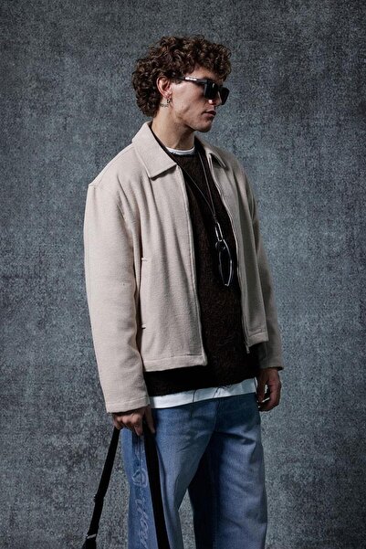 ablukaonline Ανδρικό μπουφάν με φερμουάρ oversized λεπτό μπεζ