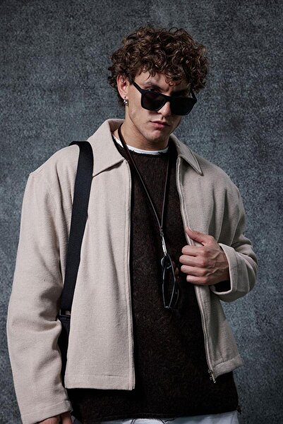 ablukaonline Ανδρικό μπουφάν με φερμουάρ oversized λεπτό μπεζ