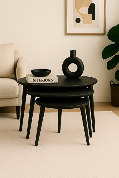 Trihome A+ Plus Gürgen Ağacı Masif Doğal Ahşap Zigon Sehpa 3'lü Set, Modern M...