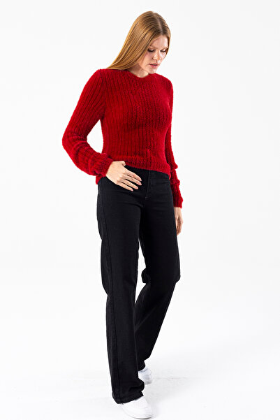 GİYSA Women's Crew Neck Corded Fabric Detailed Knitwear Sweater Claret Red - 25-567