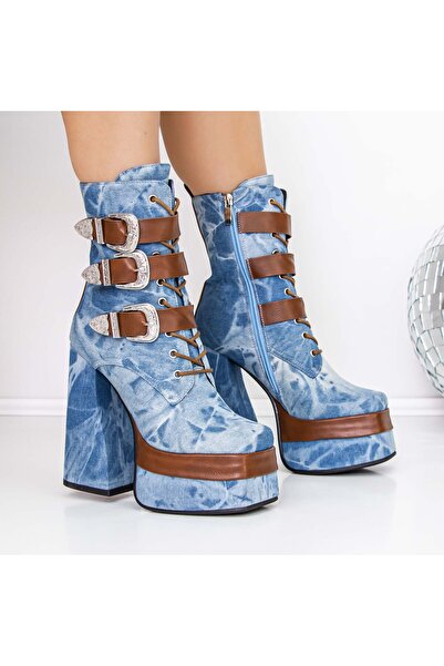 mei Women's Ankle Boots with Thick Heel and Platform 3C5 Blue