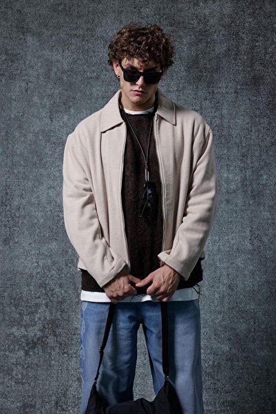 ablukaonline Ανδρικό μπουφάν με φερμουάρ oversized λεπτό μπεζ