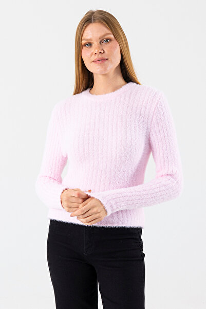 GİYSA Women's Crew Neck Corded Fabric Detailed Knitwear Sweater Pink - 25-567