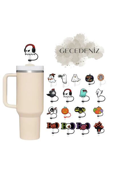 GECEDENİZ غطاء شفاطة متوافق مع الترمس مع سماعات رأس على شكل شبح للهالوين