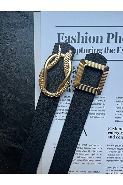 LİA KEMER Set avantajos de 2 curele cu cataramă aurie cu model de șarpe și cu...