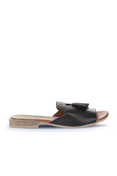 Bueno Shoes Μαύρα Khv-μπεζ δερμάτινα γυναικεία φλατ σανδάλια 01wq5615