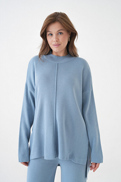 Park Karon Women Mock Neck Slit Sweater Pants Knitwear Top-Bottom Set