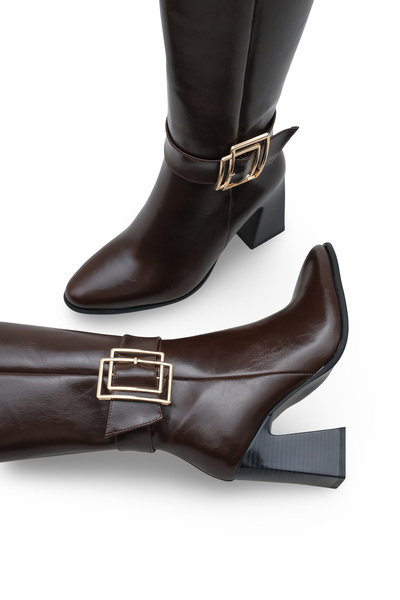 Elexus Kadın Yandan Fermuarlı Gold Kemer Tokalı Topuklu Çizme