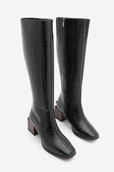 Marjin Women's Blunt Toe Zippered Thick Heeled Boots Lusso Black Croco