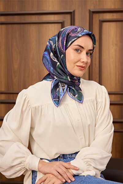 Silk Home Twill İpek Eşarp Koyu Lacivert-Gök Mavi Desenli Tok Duruşlu 90x90