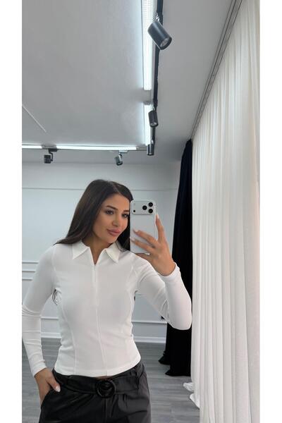 Daves White Polo Neck Half Zipper Stretchy Blouse