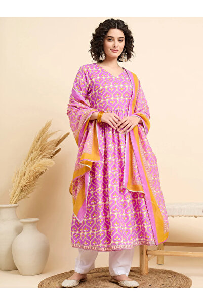 MYSMAR Purple Viscose Cotton Salwar Kameez & Dupatta - ALV1520 | Purple-Size-...