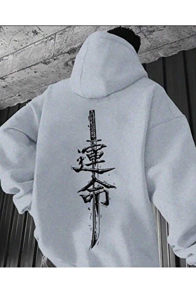 ORVIO Group هودي قصة فضفاضة مع كتابة السيف والكانجي