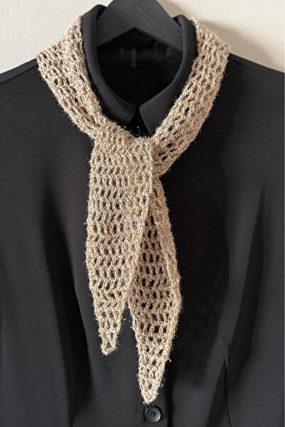 MELUSH Altın Renkli Simli Tığ İşi Örgü Fular, El Yapımı Fular, Trend Örgü Kravat