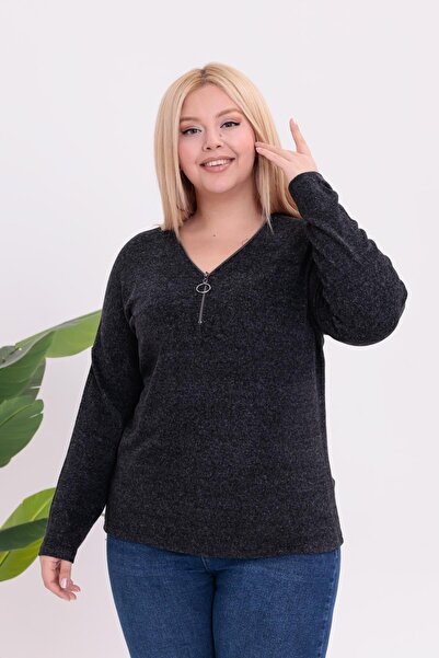 Siyezen Plus Size Zipper Detailed Sweater