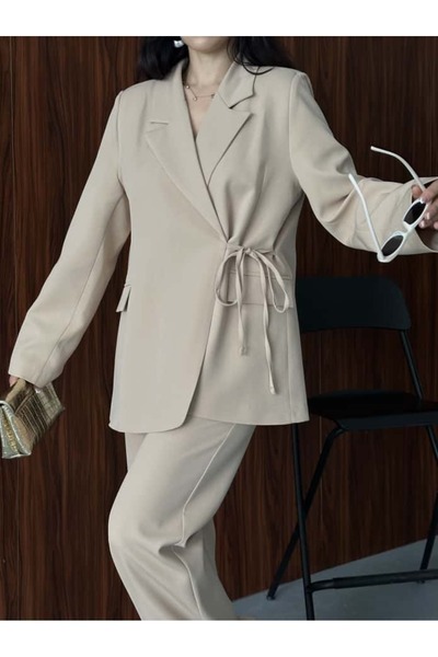 MYGİYİMİSTANBUL Blazer Jacket Wide Leg Pants Set with a Wide Fabric Belt Tied at the Waist