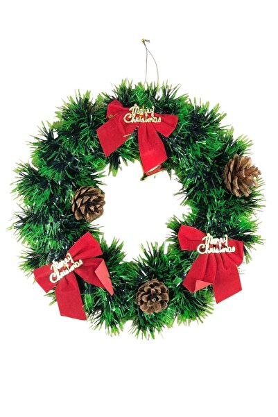 Coverzone 25cm Christmas Door Wreath with Red Ribbon – Christmas Wall Decor with Pine Cones Home Office Ornament
