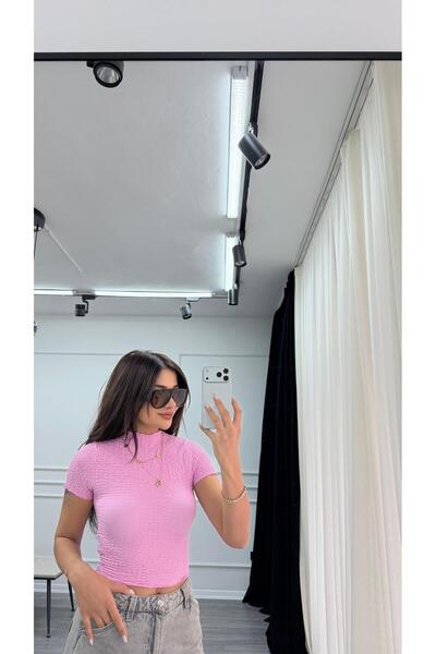 Daves Pink Knitted Fabric Stretchy Short Sleeve Crop