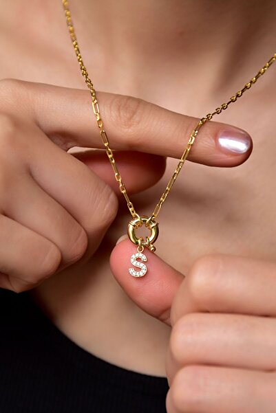 Flamingo 925 Ayar Gümüş Gold Kaplama Figaro Zincir Gemici Kilitli Harf Kolye