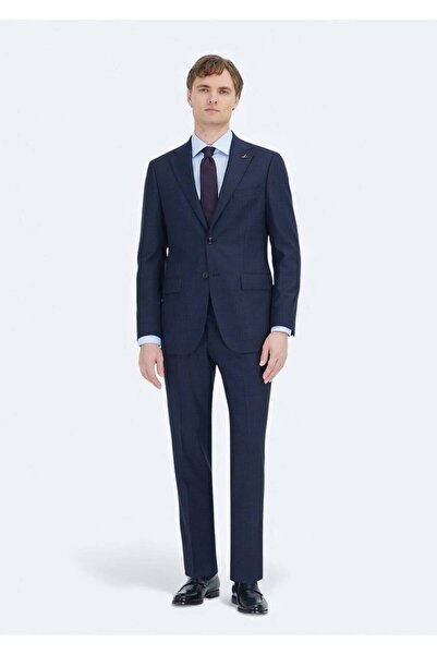 Ramsey Navy Blue Checked Regular Fit Wool Blend Suit