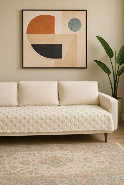 Divanest Pompon Chenille Sofa Cover Ecru (for Three-Seater Sofa) (90X210Cm)