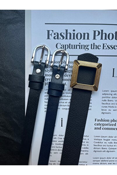 LİA KEMER مجموعة مميزة من 3 أحزمة ذات نمط مربع مع مشبك ذهبي وحزام رفيع بنمط ك...