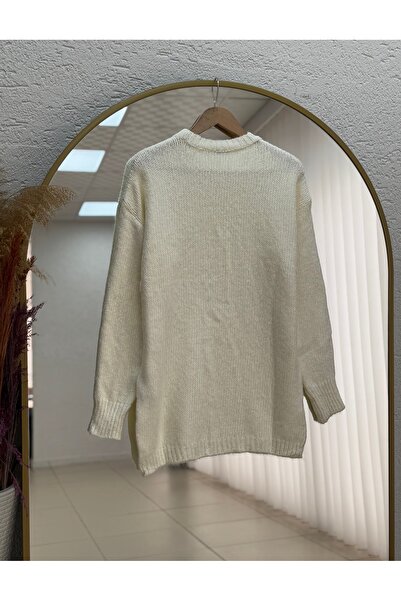 MİHRA STORE Aleida Straight Oversized Knitwear Sweater with Elasticated Sleeves and Bottoms-Zi̇5225 White