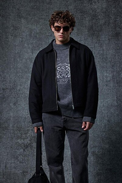 ablukaonline Men's Oversized Slim Zipper Jacket Black