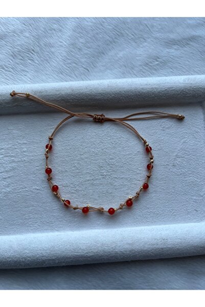 Pel Design Minimal Karnelyan Taşı Ayarlanabilir İp Bileklik & Halhal El Yapımı