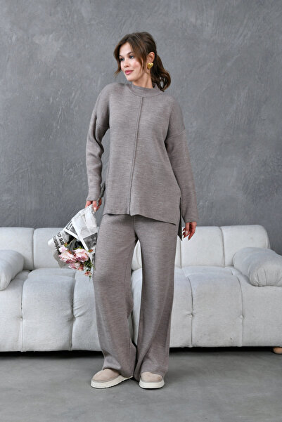 Park Karon Women Mock Neck Slit Sweater Pants Knitwear Top-Bottom Set