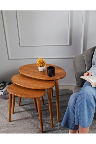 Trihome A+ Plus Gürgen Ağacı Masif Doğal Ahşap Zigon Sehpa 3'lü Set, Modern M...