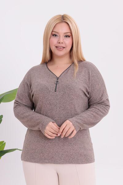 Siyezen Plus Size Zipper Detailed Sweater