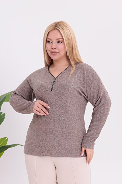Siyezen Plus Size Zipper Detailed Sweater