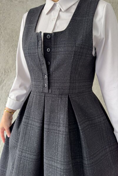 hrmonny Vintage Women's Modest Winter V-Neck Retro Gilet Dress Navy Blue Height 140 cm