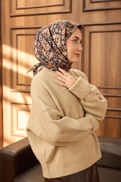 Silk Home وشاح حريري من التويل باللون الأزرق الداكن والبني مع نمط توك دورسي غ...