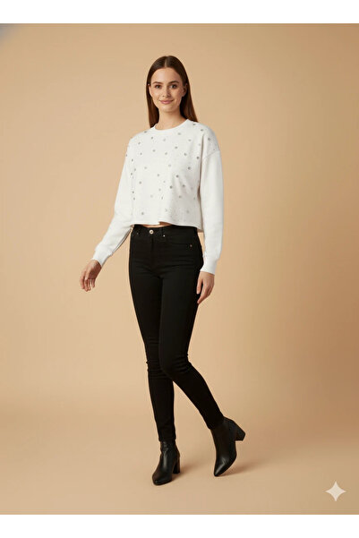 cemo Women Long Sleeve Short Sweater Rhinestone Detailed Crop Top Clothing