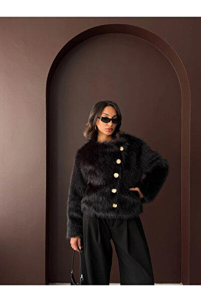 cemo Women's Vintage Plush Furry Crop Jacket Gold Buttoned Crew Neck Winter Stylish Coat